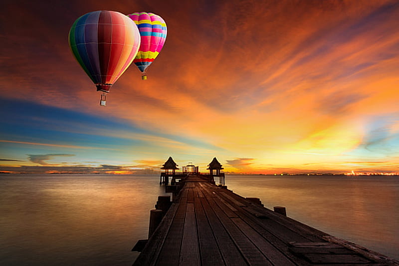 Sunset, Hot air balloons, Landscape, Bridge, beach, Island, HD wallpaper