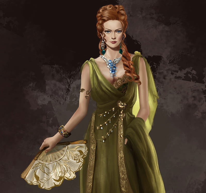 Roman lady, fantasy, dress, girl, green, pure grace, hand fan, HD ...
