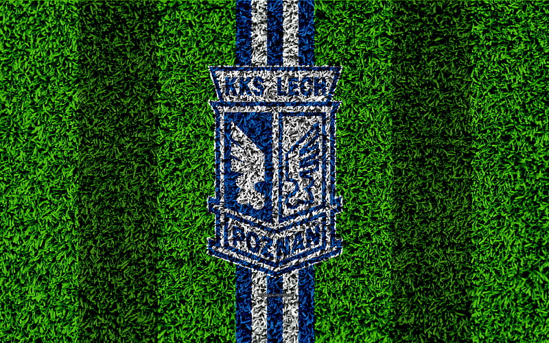 Lech Poznan FC logo, football lawn, Polish football club, green grass texture, blue white lines, Ekstraklasa, Poznan, Poland, football, art, HD wallpaper