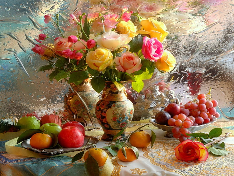 Still life with glass of wine, pretty, fruits, vase, bonito, fragrance ...