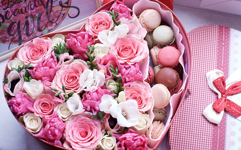 Happy Valentine's Day!, macaroon, rose, food, box, valentine, card, dessert, sweet, flower, pink, HD wallpaper