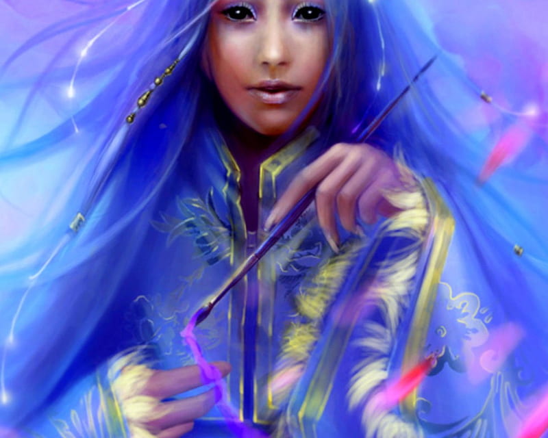 Sumi, art, fantasy, paint, woman, blue, HD wallpaper