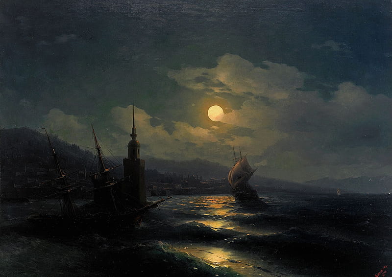 A corner of Constantinople from the sea by moonlight, art, cloud, moon, sky, silhouette, sea, moon, water, dark, painting, pictura, reflection, night, ivan aivazovsky, HD wallpaper
