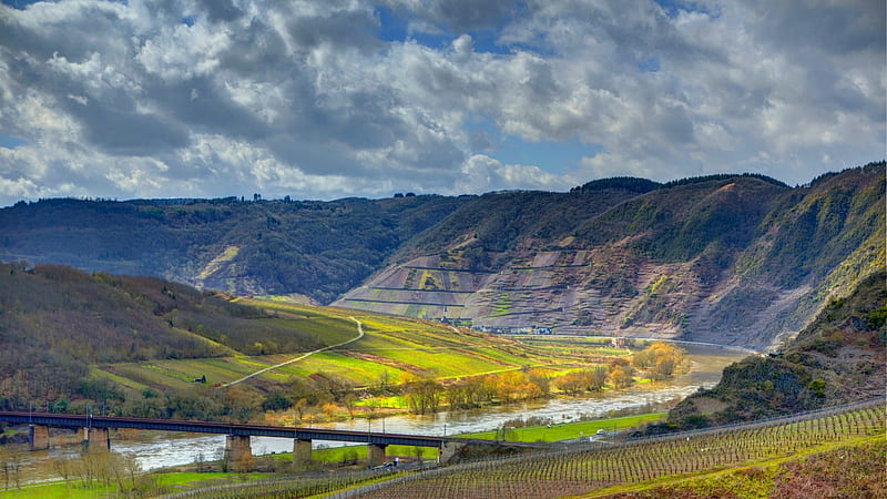 rail bridge over the moselle river in germany, bridge, mountains, gorge, fields, river, clouds, HD wallpaper