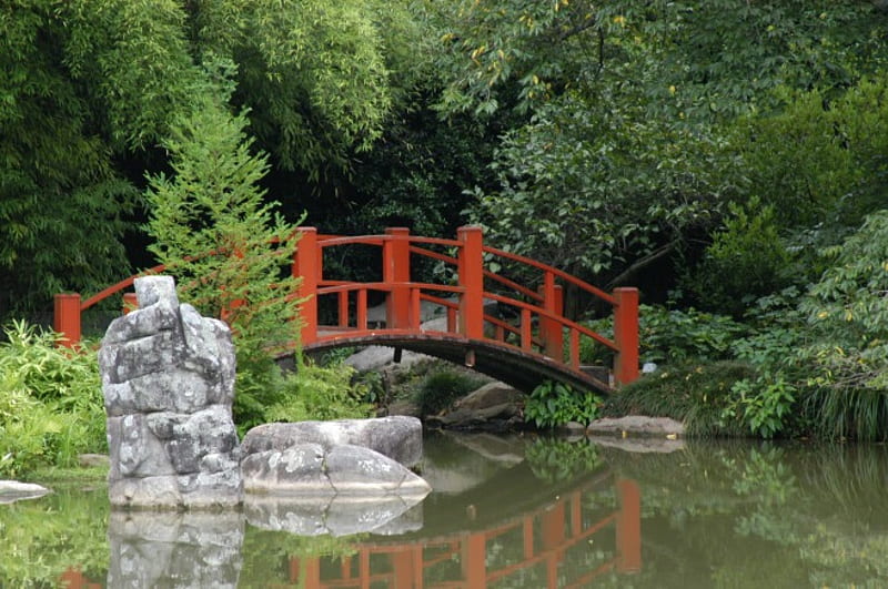 Japanese Bridge, pond, rocks, tranquil garden, trees, HD wallpaper
