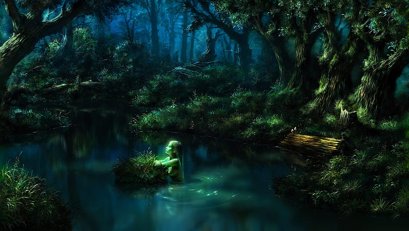 Night, forest, art, fantasy, 3d, girl, dark, jungle, trees, HD wallpaper |  Peakpx
