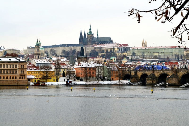 Old Prague with Castle in Winter, city, snow, bridge, Czech Republic, buildings, river, HD wallpaper