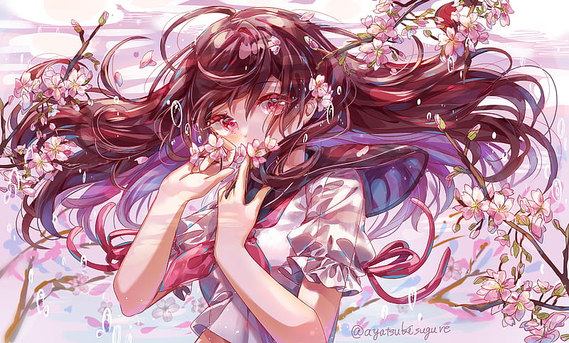 anime school girl, lying down, sakura petals, Anime, HD wallpaper