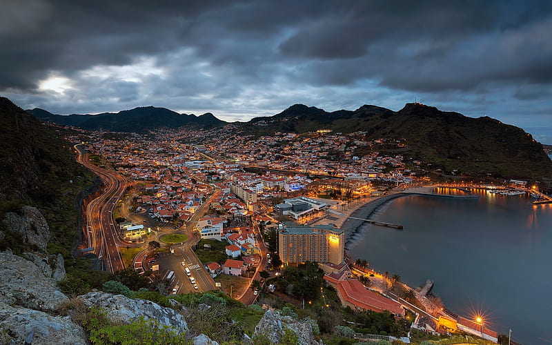Madeira, Machico Bay, Evening, mountains, coast, Portugal, Atlantic Ocean, HD wallpaper
