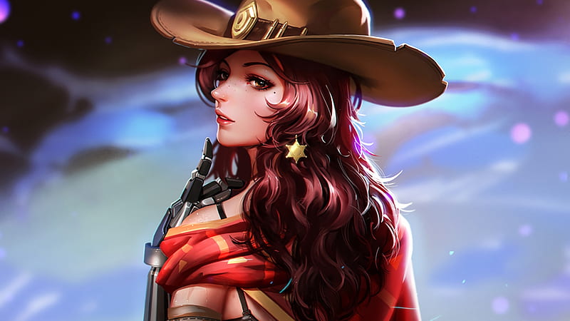 McCree, red, overwatch, fantasy, cowgirl, girl, redhead, game, HD wallpaper