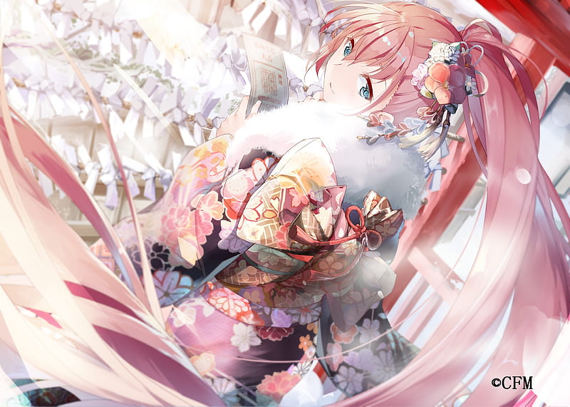 megurine luka, kimono, vocaloid, pink hair, Anime, HD wallpaper