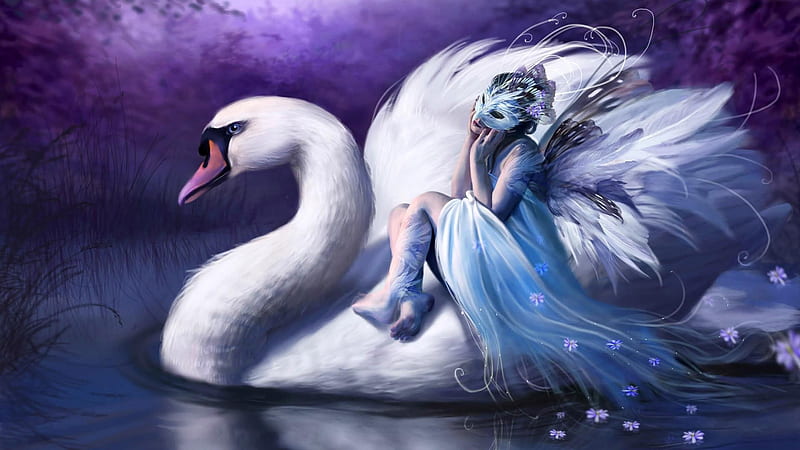 Swan Masquerade, masquerade, fantasy, dress, purple, girl, swan, blue, HD wallpaper