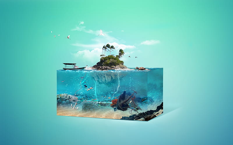 tropical island, 3d art, fantasy, underwater world, sunken ship, coral, ocean, islands, HD wallpaper