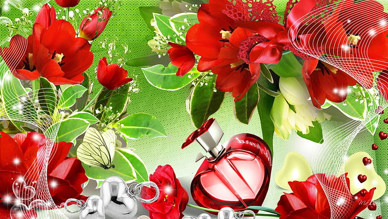 Burst of Spring Colors, perfume, red, flowers, fragrant, spring, fragrance, corazones, leaves, Valentines Day, butterfly, green, bright, summer, papillon, flowers, tulips, HD wallpaper