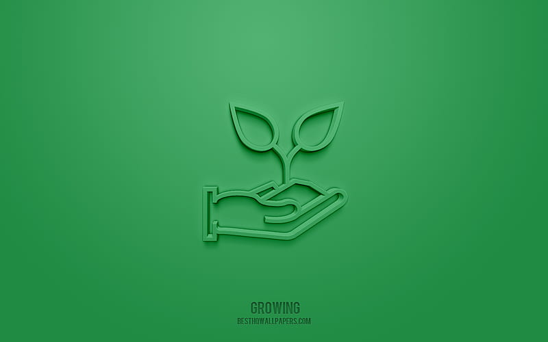 Growing 3d icon, green background, 3d symbols, Growing, Eco icons, 3d icons, Growing sign, Eco 3d icons, sprout in hand 3d icon, HD wallpaper