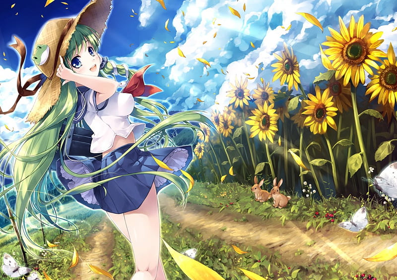 Sanae Kochiya , sanae kochiya, wind, yellow, sunflower, sky, green, anime, flowers, anime girl, blue, HD wallpaper