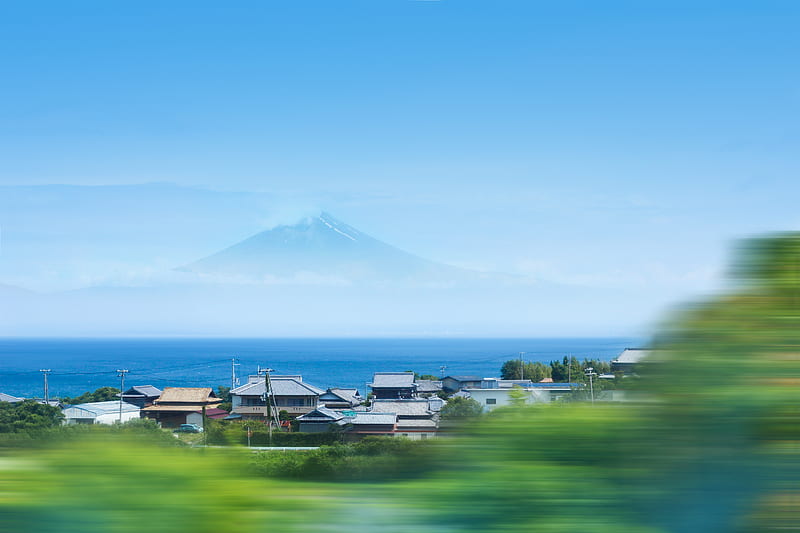 timelapse of house near ocean across Mt. Fuji, HD wallpaper