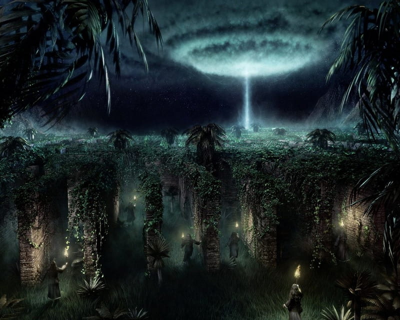 Alien Invasion, spacecraft, villagers, lightbeam, palms, HD wallpaper