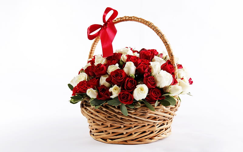 basket of flowers, basket of roses, red roses, white flowers, HD wallpaper