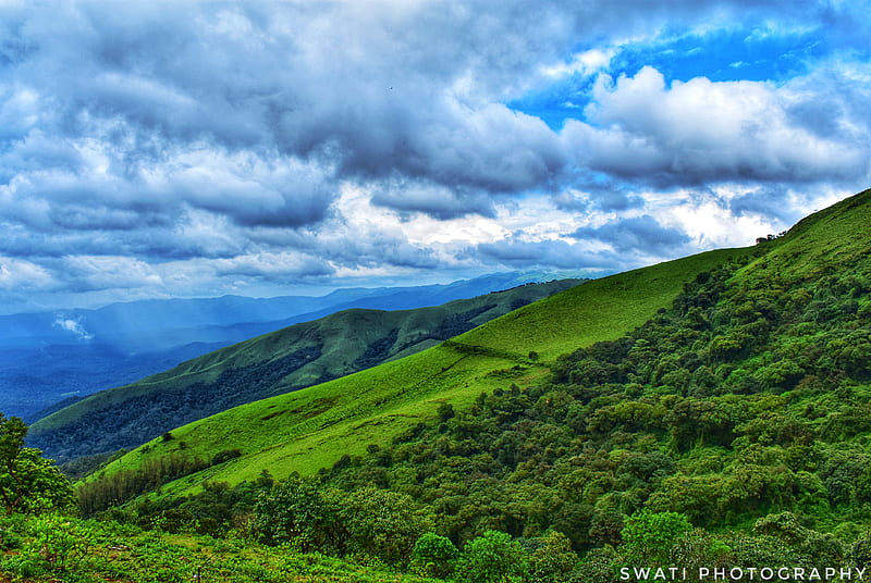Mountain View, bluesky, chikmangalur, clouds, green, green mountain, india, karnataka, nature, HD wallpaper
