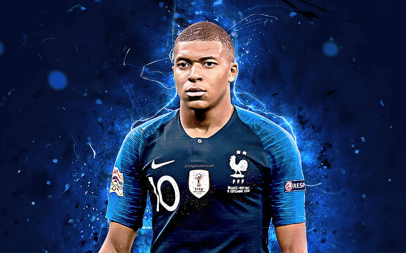 Kylian Mbappe, FFF, french footballers, abstract art, France National Team, Mbappe, Dembele, soccer, football, neon lights, French football team, HD wallpaper