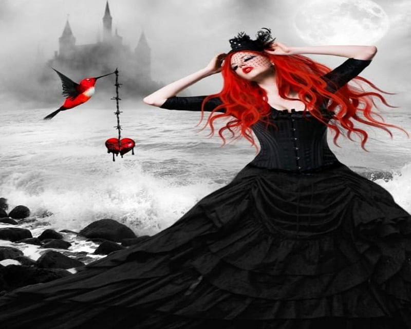 Gothic Valentine, Black Dress, Castle, Red Hair, Barbed wire, Woman, Heart, Bird, HD wallpaper