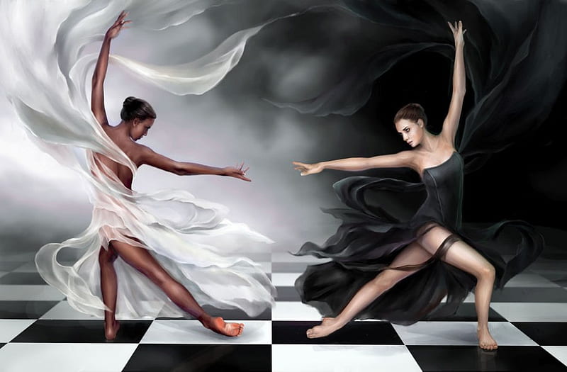 Chess, fantasy, female, black, dance, white, woman, HD wallpaper