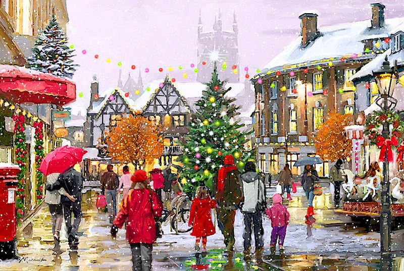 Christmas mood, art, christmas, holiday, shopping, peoplr, bonito, joy, mood, market, winter, tree, snow, snowflakes, snowfall, painting, street, HD wallpaper