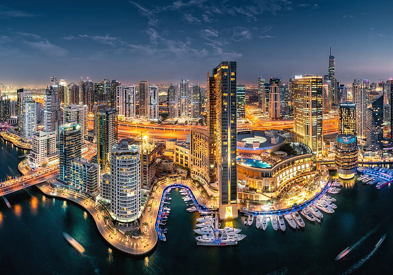 Cities, Dubai, Boat, Building, City, Night, Road, Skyscraper, Water, Yacht, HD wallpaper