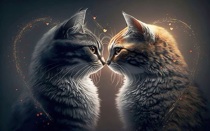 Two cats leaning against each other, cute, digital, art, kittens, HD wallpaper