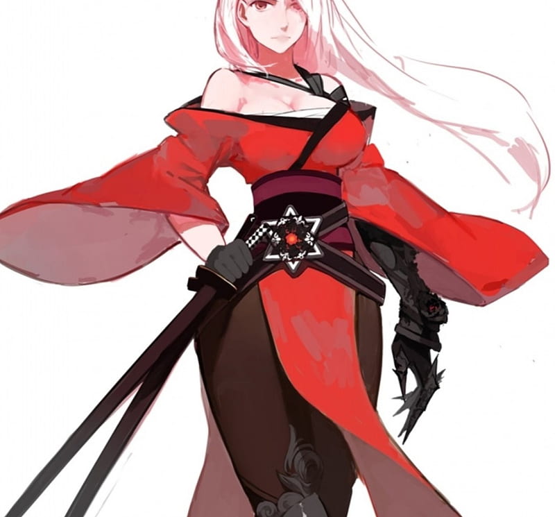 Anime girl, white hair, samurai