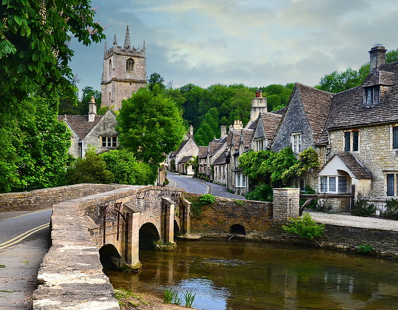 English Village, church, trees, bridge, houses, HD wallpaper
