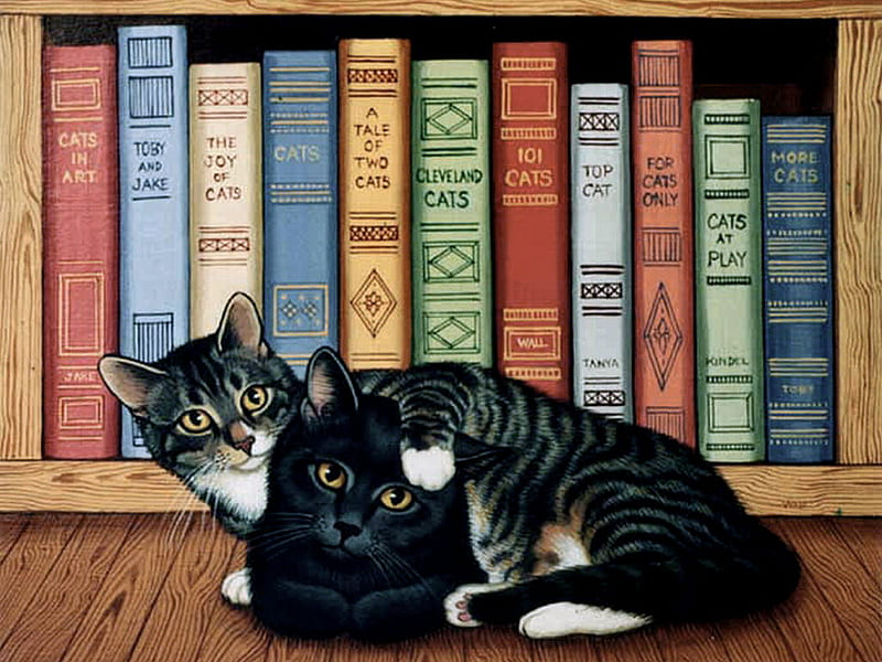 Jake and Toby - Cats F2mp, sue wall, art, books, cat, wall, artwork, animal, pet, feline, library, painting, HD wallpaper