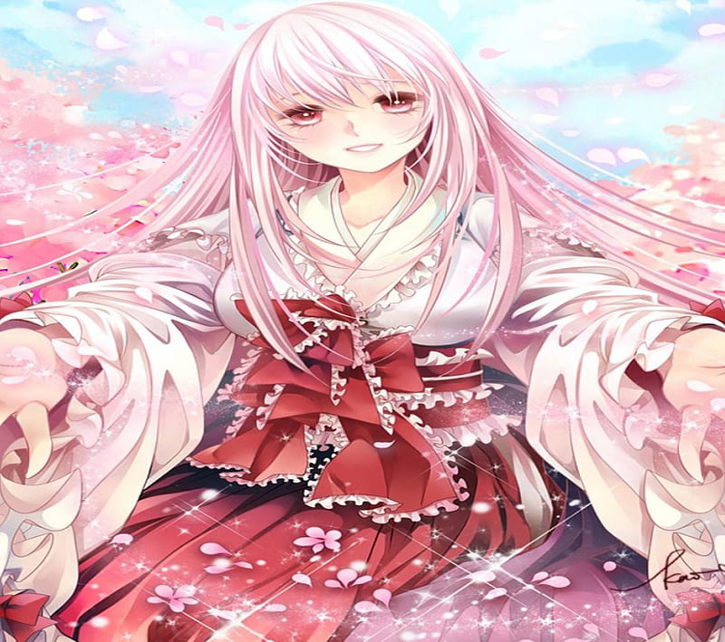 Beautiful Miko, sakura, pretty, miko, girl, orginal, long hair, pink, HD wallpaper