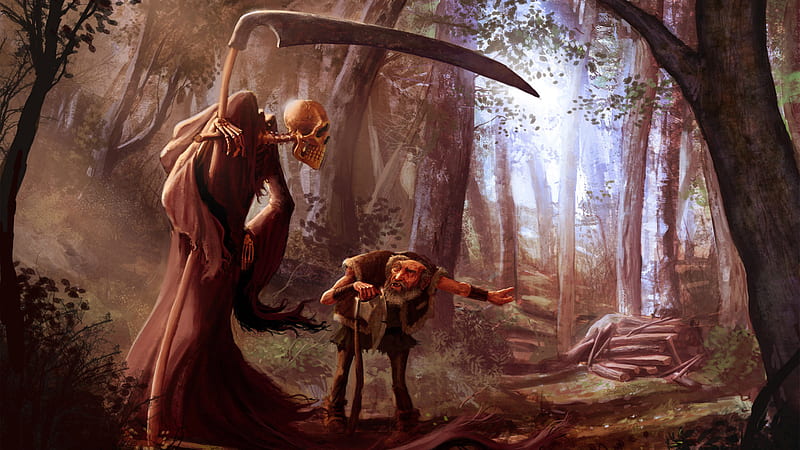 Death and the beggar, skeleton, death, reaper, grim, skull, HD wallpaper