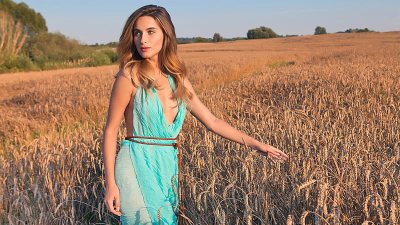 Beautiful Girl Model Is Standing In Paddy Straw Field Background Wearing Blue Dress Girls, HD wallpaper
