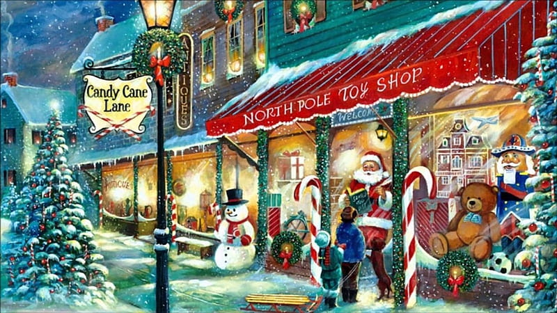 Candy Cane Lane, shop, christmas, snowman, winter, tree, santa, snow, toyshop, candy cane, toys, north pole, HD wallpaper