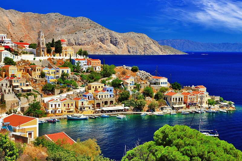 Symi island, resort, rest, view, houses, town, bonito, sky, sea, Greece, paradise, summer, village, island, coast, HD wallpaper