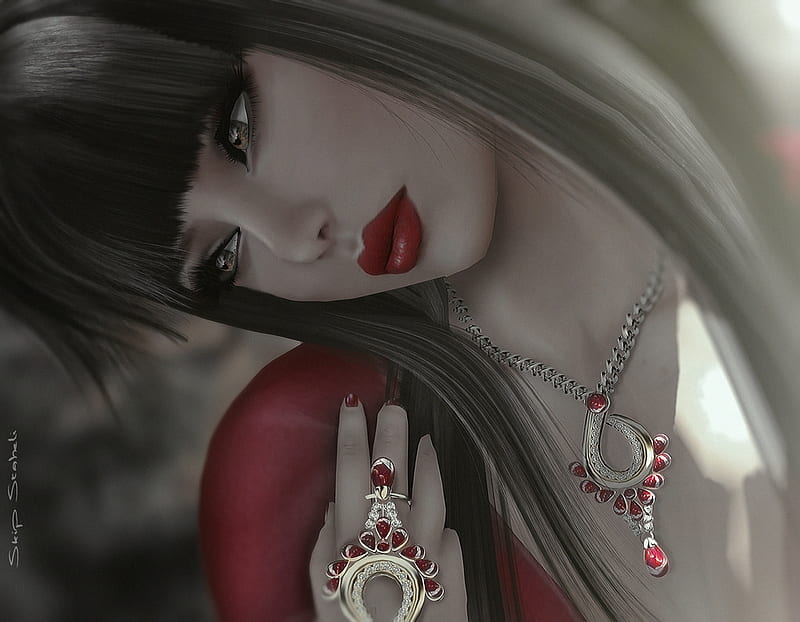 Serene Ruby, red, luminos, fantasy, hand, rendering, jewel, face, skip staheli, HD wallpaper
