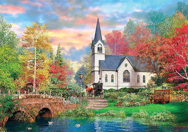Woodland Church, fall, autumn, water, bridge, woods, church, horse, carriage, HD wallpaper