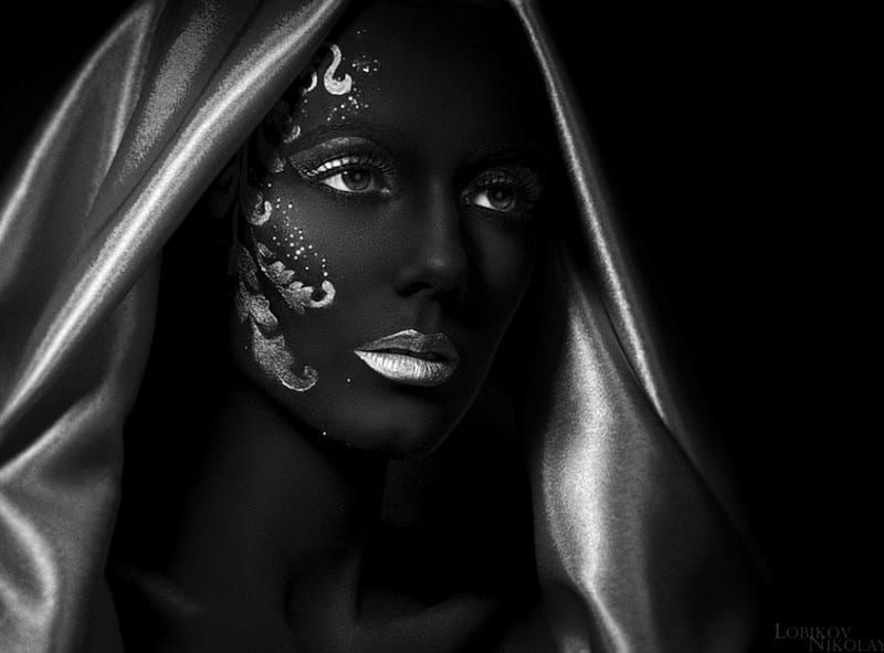 portrait in black and gold, art, black, woman, graphy, bw, beauty, face, portrait, white, HD wallpaper