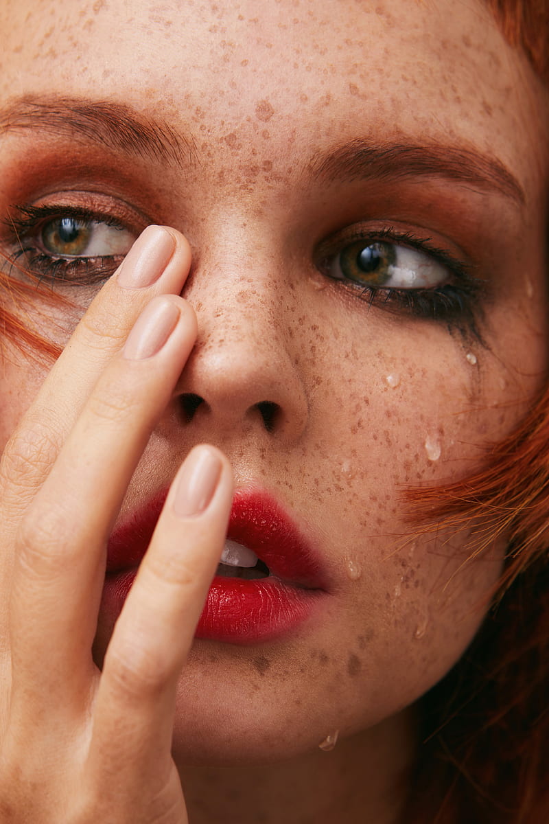 freckles, women, tears, red lipstick, eyes, closeup, Anastasia Scheglova, HD phone wallpaper