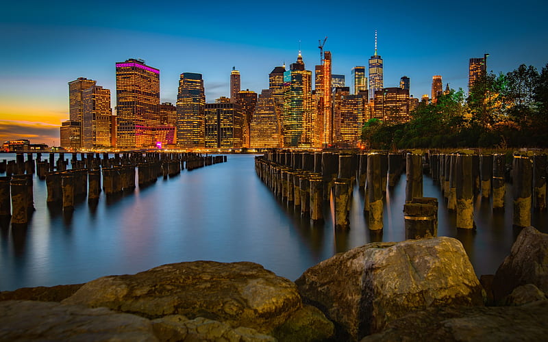 New York City, Manhattan, evening, sunset, skyline, 1 World Trade Center, NY cityscape, New York, USA, HD wallpaper