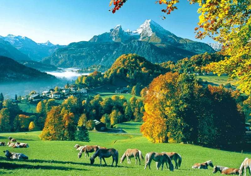 Berchtesgarden, Germany, shore, grass, bonito, snowy, valley, mountain, bank, painting, village, river, animals, art, quiet, calmness, lovely, view, houses, greenery, sky, trees, horses, serenity, peaceful, summer, nature, Germany, branches, grassland, landscape, HD wallpaper