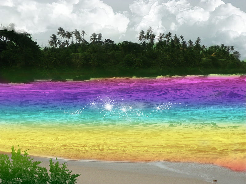 Rainbow Beach, waves, sparkles, waters, beach, rainbows, calm, mountains, beauty, nature, scenery, HD wallpaper