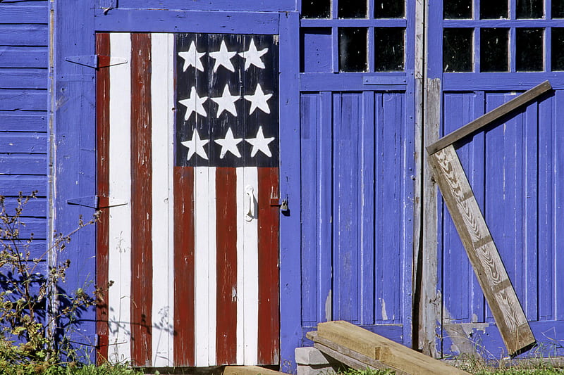 barn door salute, red, white, blue, flag, HD wallpaper