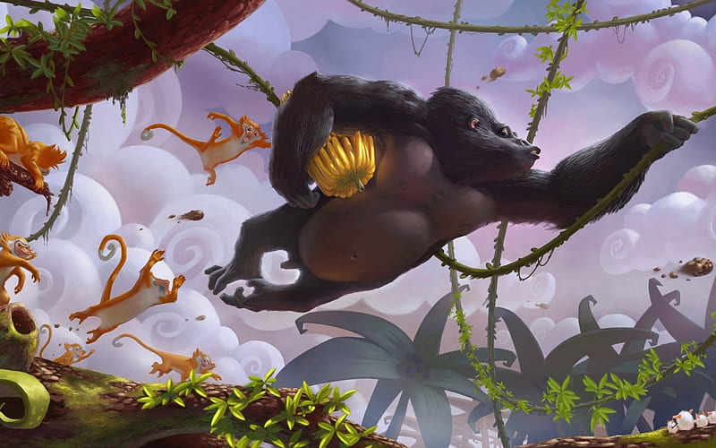 Banana Split, monkey, fantasy, anime, Szymon Biernacki, HD wallpaper