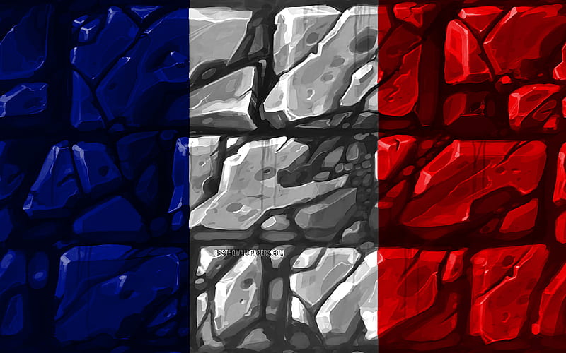 French flag, brickwall European countries, national symbols, Flag of France, creative, France, Europe, France 3D flag, HD wallpaper
