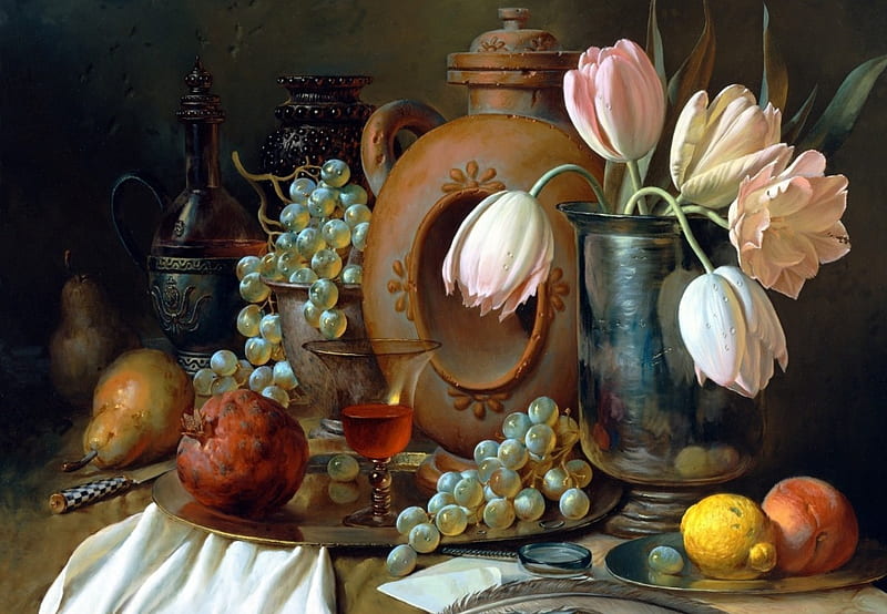 Still life, apple, red, art, pear, yellow, vase, alexei antonov, lemon, fruit, grapes, painting, flower, pictura, pink, tulip, HD wallpaper