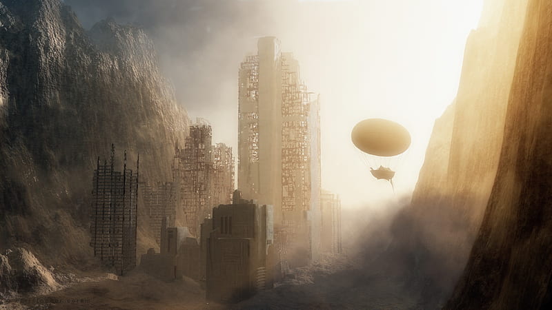 Exploring Lost Cities, desert, foggy, ancient, airship, sunset, old, dusty, gold, scifi, sunrise, HD wallpaper
